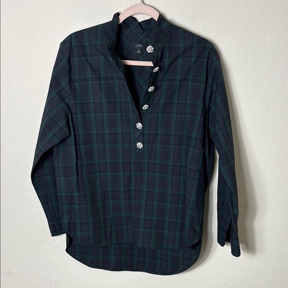 J. Crew Jeweled button popover tunic in Black Green Watch tartan size 6 - Picture 2 of 8